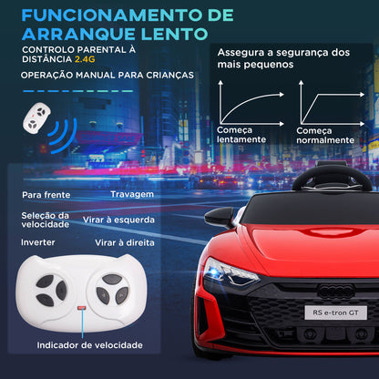 HOMCOM Carro Elétrico AUDI RS E-Tron GT para Crianças de 3-6 Anos Carro de Bateria 12V com 2 Motores Controlo Remoto Faróis LED Buzina Música USB e Abertura de Porta 3-5km/h 103x58x41 cm Vermelho