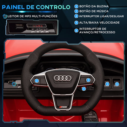 HOMCOM Carro Elétrico AUDI RS E-Tron GT para Crianças de 3-6 Anos Carro de Bateria 12V com 2 Motores Controlo Remoto Faróis LED Buzina Música USB e Abertura de Porta 3-5km/h 103x58x41 cm Vermelho