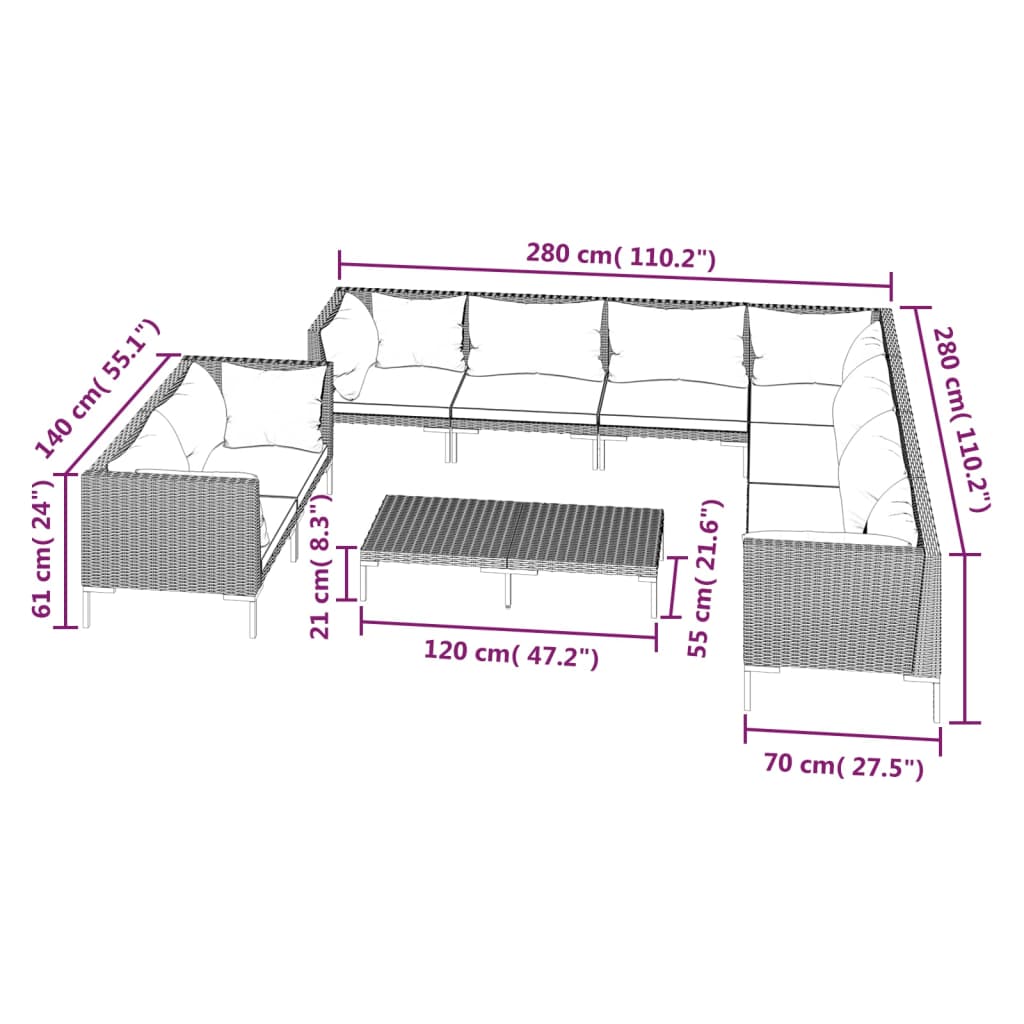 10 pcs conj. lounge jardim c/ almofadões vime PE cinza - escuro - Leva - Me - Contigo