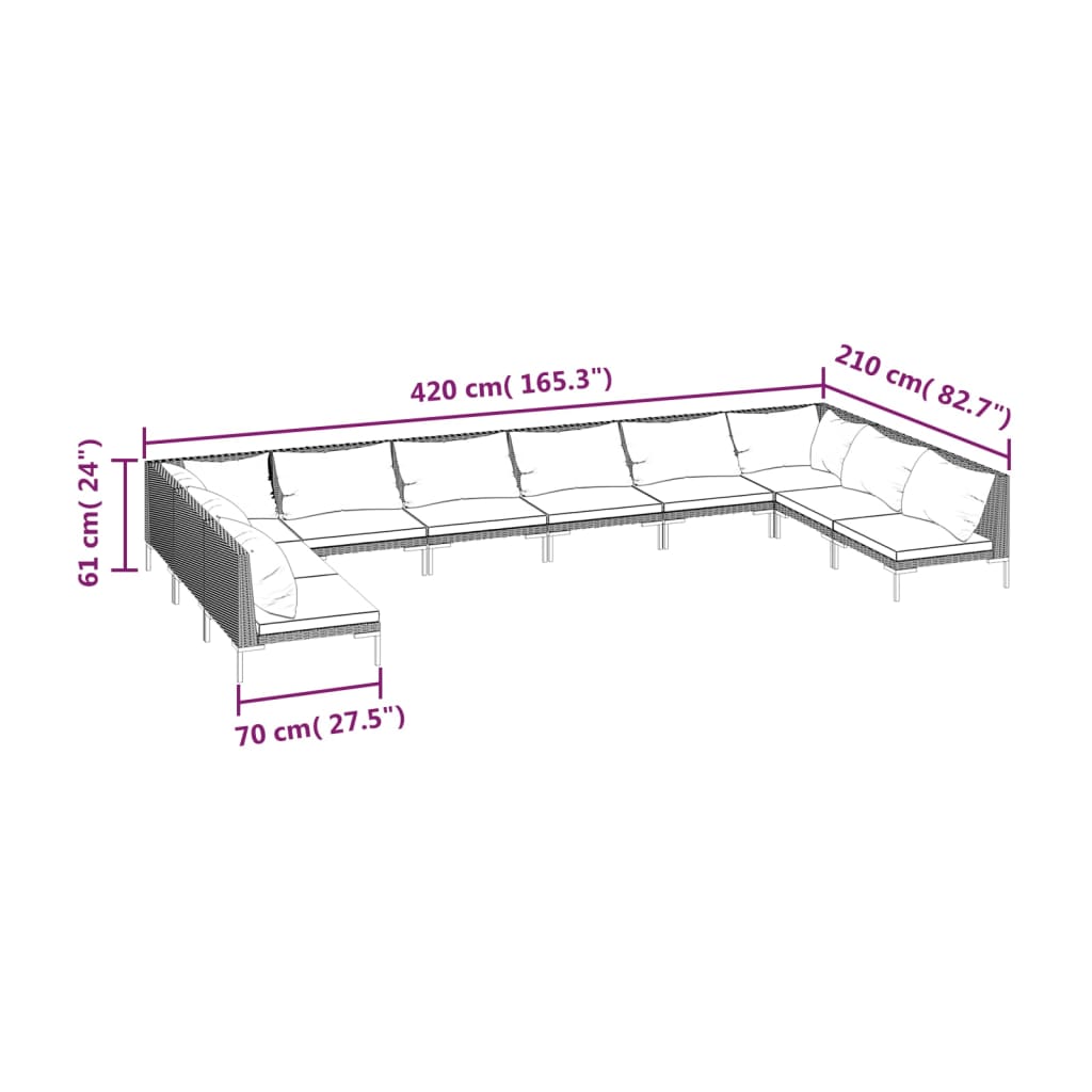 10 pcs conj. lounge jardim c/ almofadões vime PE cinza escuro - Leva - Me - Contigo