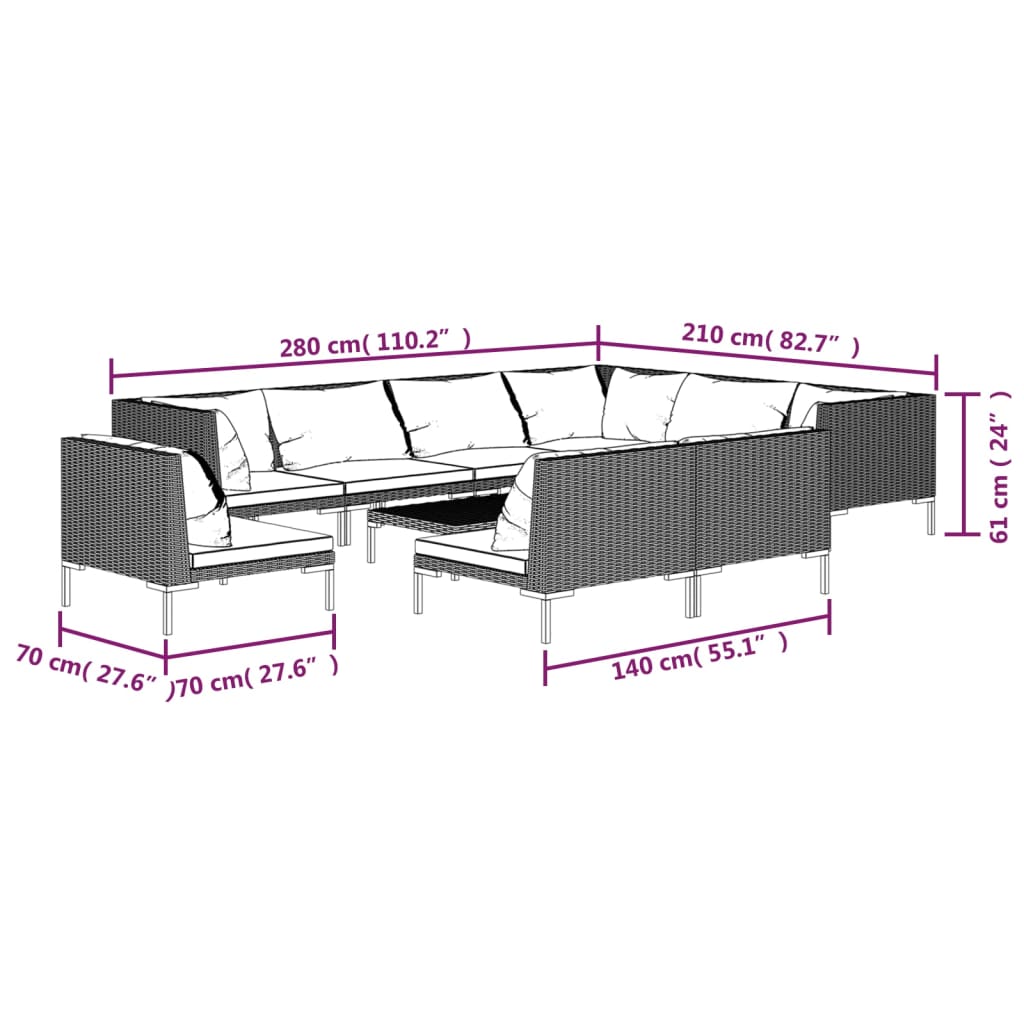 10 pcs conj. lounge jardim c/ almofadões vime PE cinza - escuro - Leva - Me - Contigo