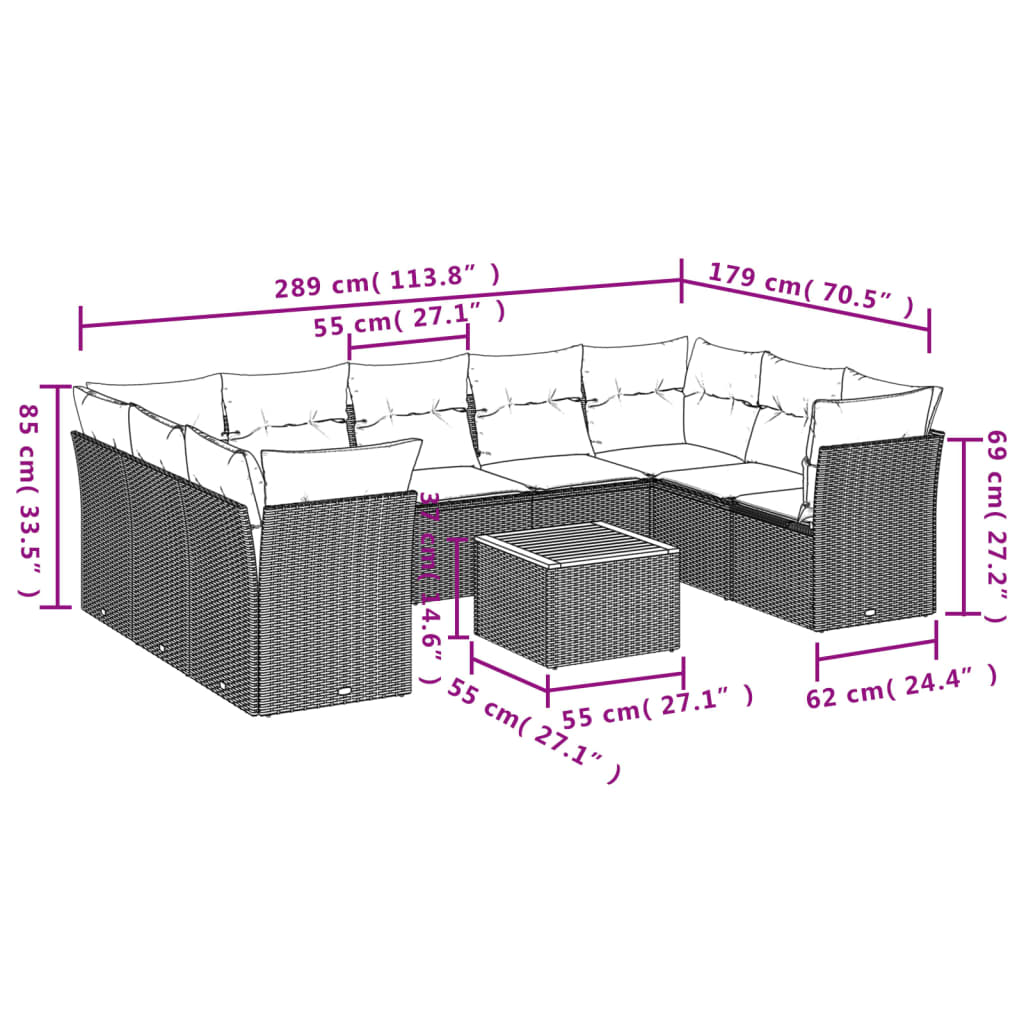 10 pcs conj. sofás jardim c/ almofadões vime PE bege misturado - Leva - Me - Contigo