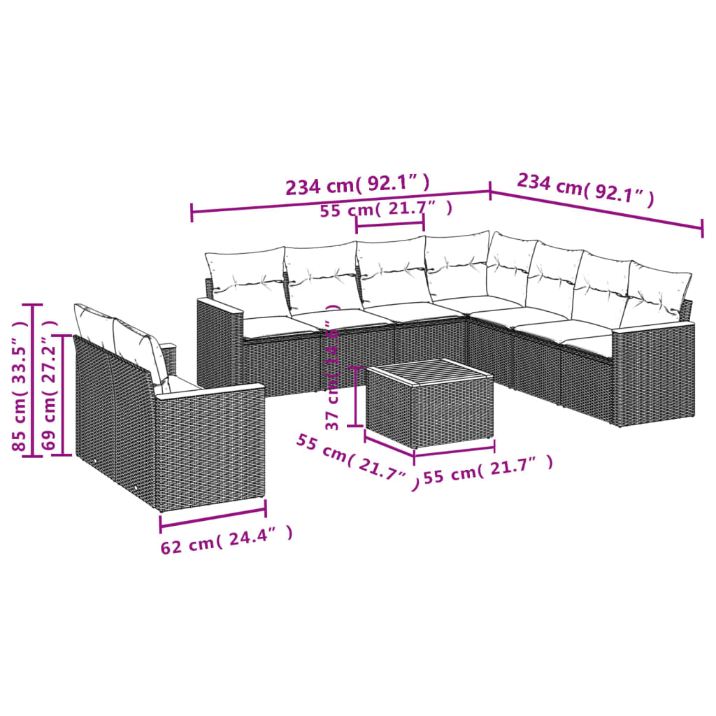 10 pcs conj. sofás jardim c/ almofadões vime PE bege misturado - Leva - Me - Contigo