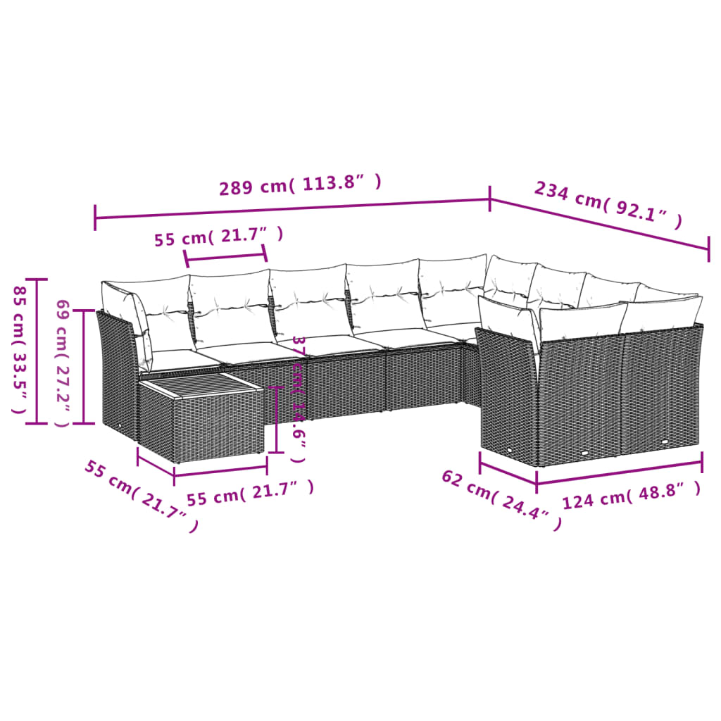 10 pcs conj. sofás jardim c/ almofadões vime PE bege misturado - Leva - Me - Contigo