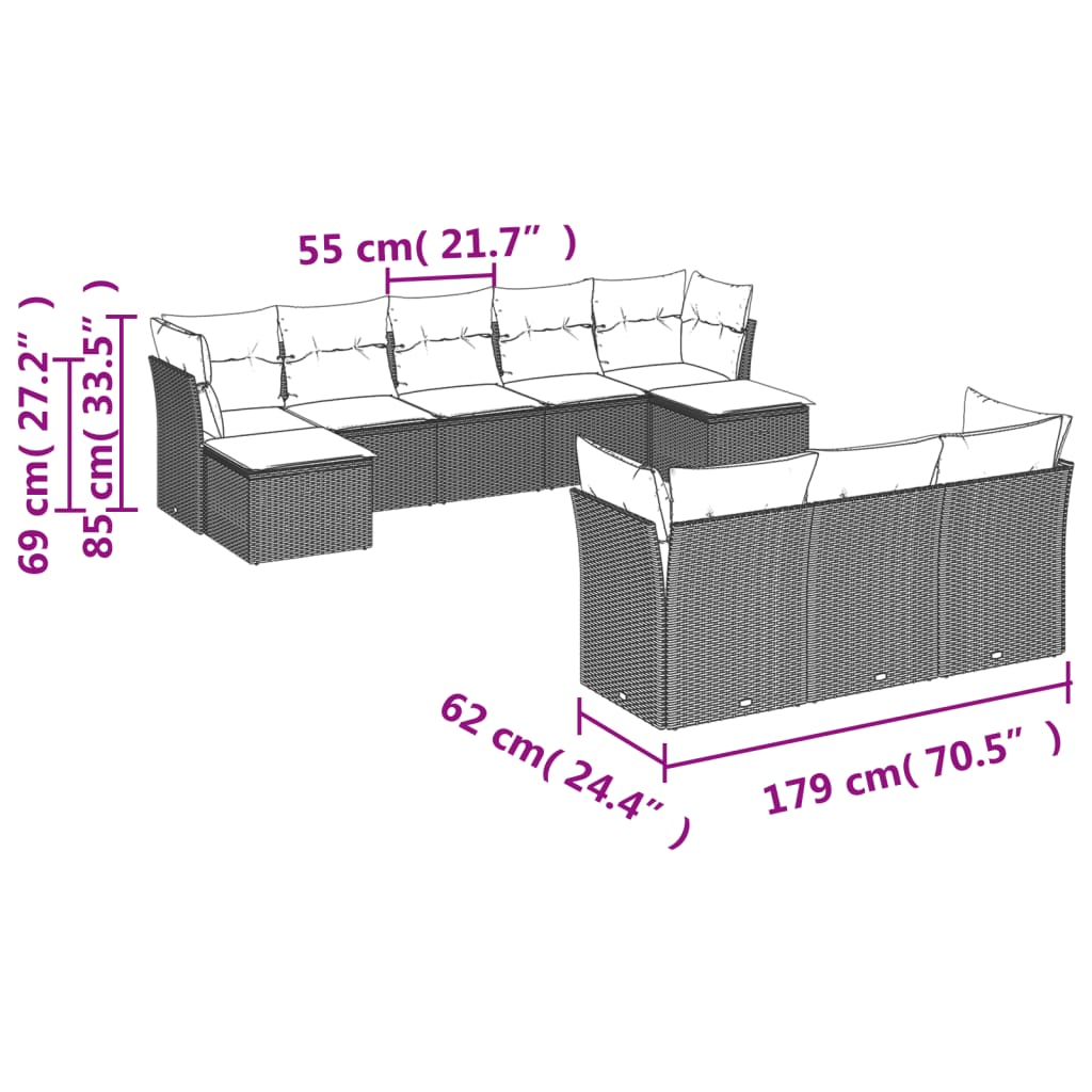 10 pcs conj. sofás jardim com almofadões vime PE castanho - Leva - Me - Contigo