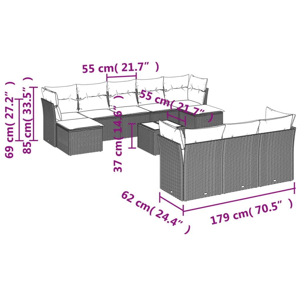 10 pcs conj. sofás jardim com almofadões vime PE cinzento - claro - Leva - Me - Contigo