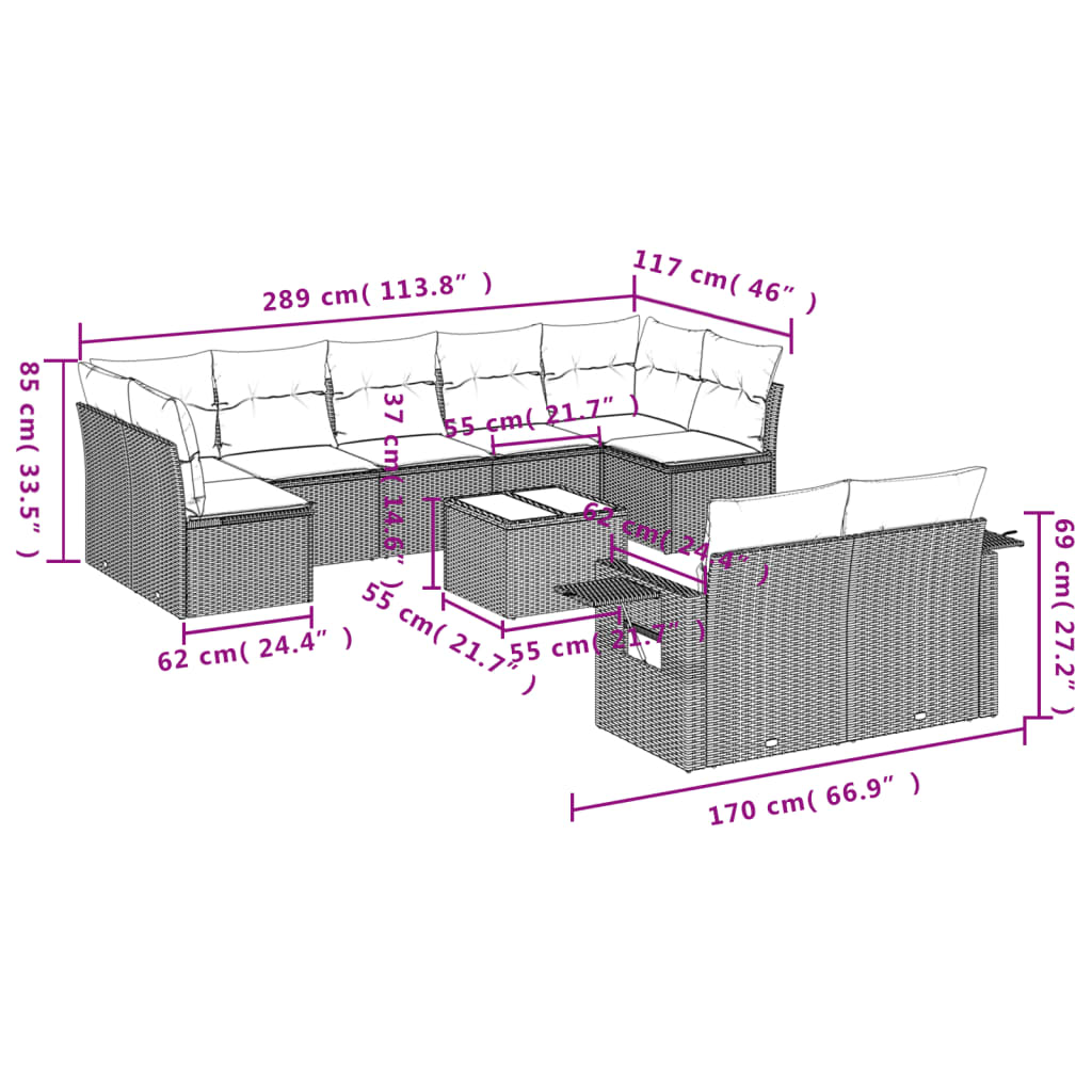 10 pcs conj. sofás jardim com almofadões vime PE cinzento - claro - Leva - Me - Contigo