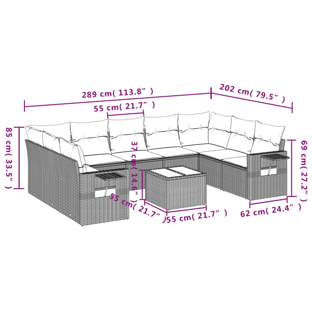 10 pcs conj. sofás jardim com almofadões vime PE cinzento - claro - Leva - Me - Contigo