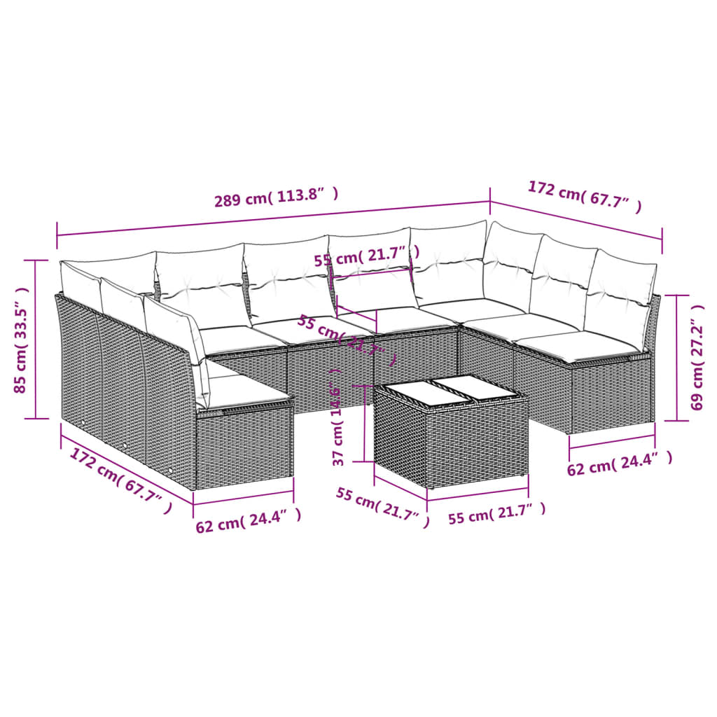 10 pcs conj. sofás jardim com almofadões vime PE cinzento - claro - Leva - Me - Contigo