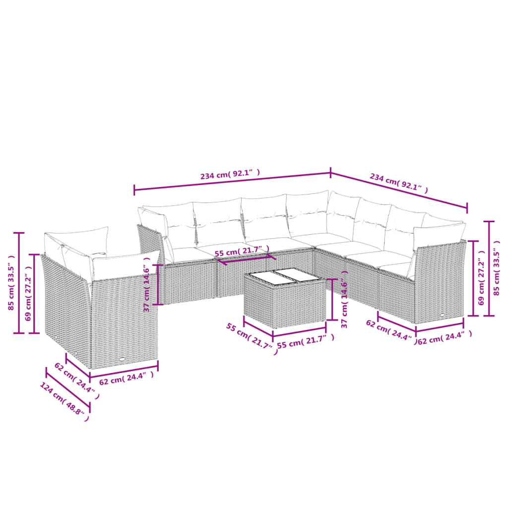 10 pcs conj. sofás jardim com almofadões vime PE cinzento - claro - Leva - Me - Contigo