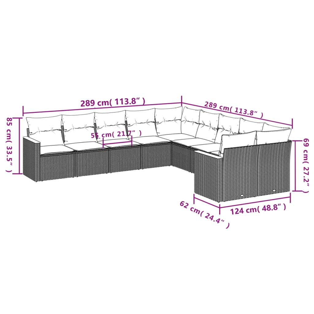 10 pcs conjunto de sofás p/ jardim com almofadões vime PE bege - Leva - Me - Contigo