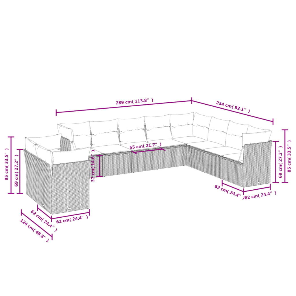 10 pcs conjunto de sofás p/ jardim com almofadões vime PE bege - Leva - Me - Contigo