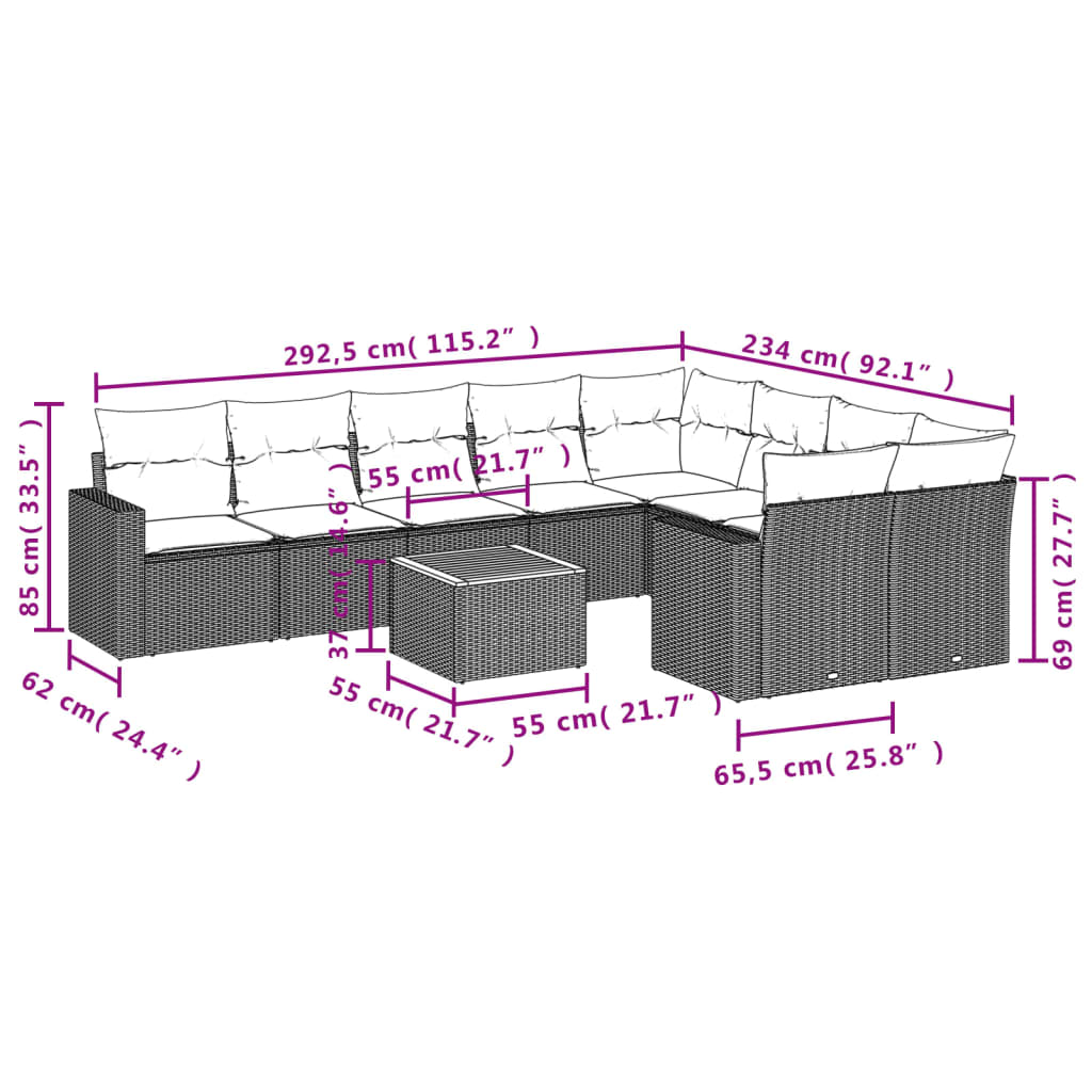 10 pcs conjunto de sofás p/ jardim com almofadões vime PE bege - Leva - Me - Contigo