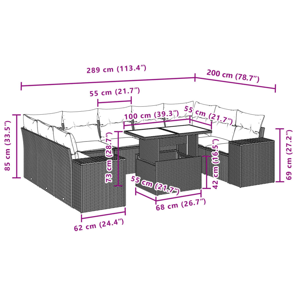 10 pcs conjunto de sofás p/ jardim com almofadões vime PE bege - Leva - Me - Contigo