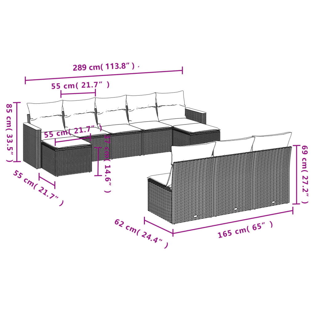 10 pcs conjunto de sofás p/ jardim com almofadões vime PE bege - Leva - Me - Contigo