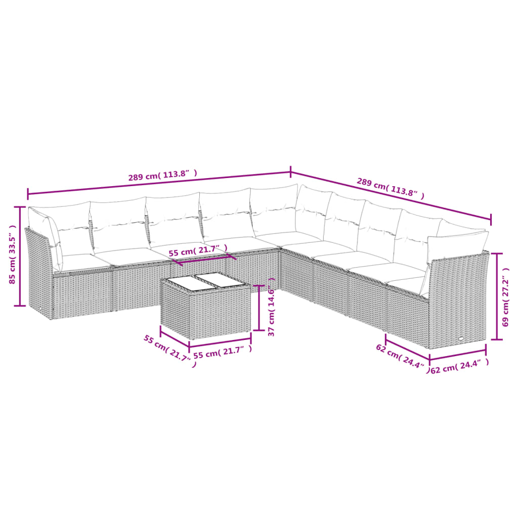 10 pcs conjunto de sofás p/ jardim com almofadões vime PE bege - Leva - Me - Contigo