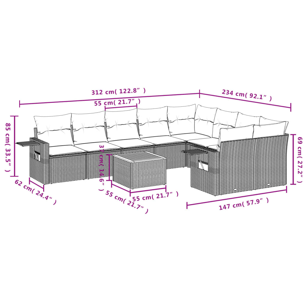 10 pcs conjunto de sofás p/ jardim com almofadões vime PE bege - Leva - Me - Contigo