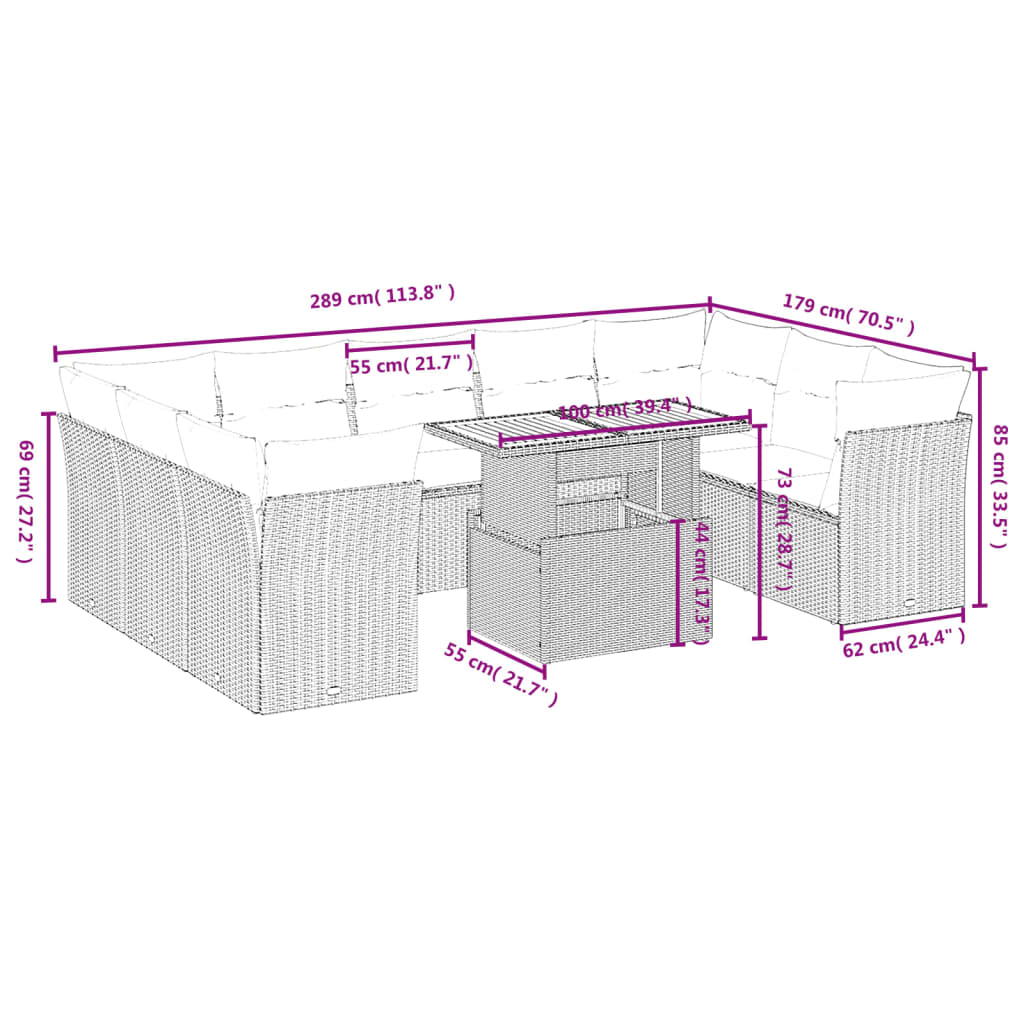 10 pcs conjunto de sofás p/ jardim com almofadões vime PE bege - Leva - Me - Contigo