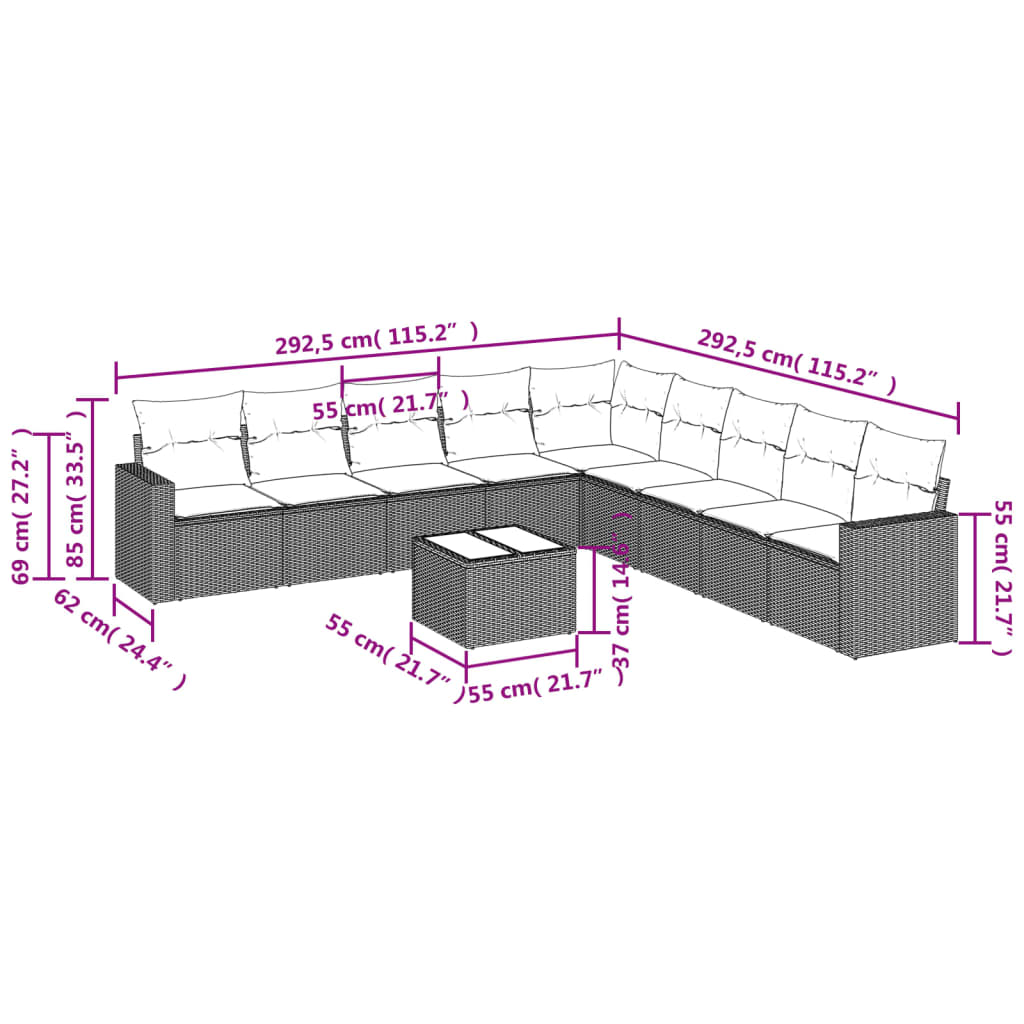 10 pcs conjunto de sofás p/ jardim com almofadões vime PE bege - Leva - Me - Contigo