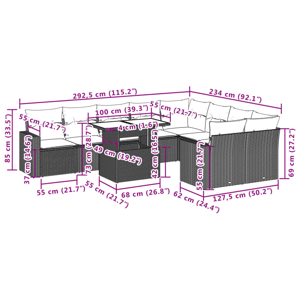 10 pcs conjunto de sofás p/ jardim com almofadões vime PE bege - Leva - Me - Contigo