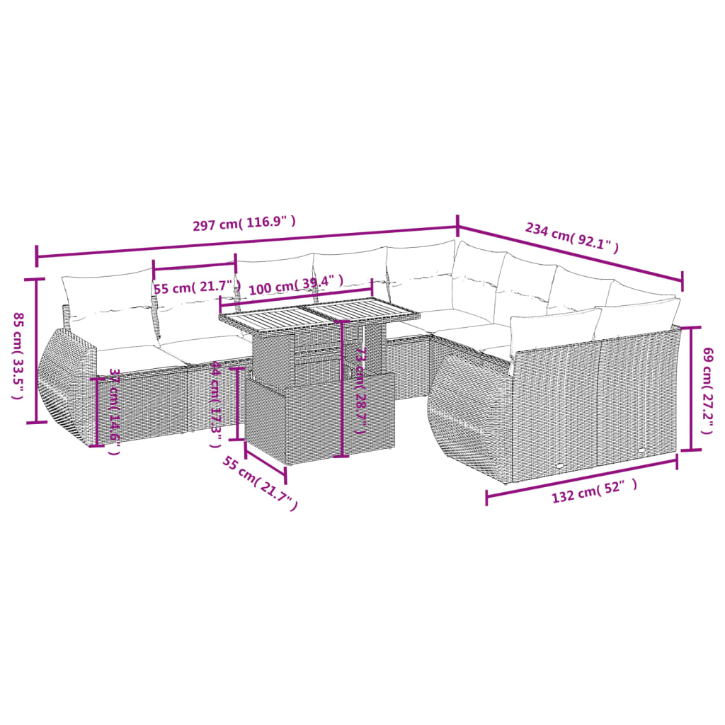 10 pcs conjunto de sofás p/ jardim com almofadões vime PE bege - Leva - Me - Contigo