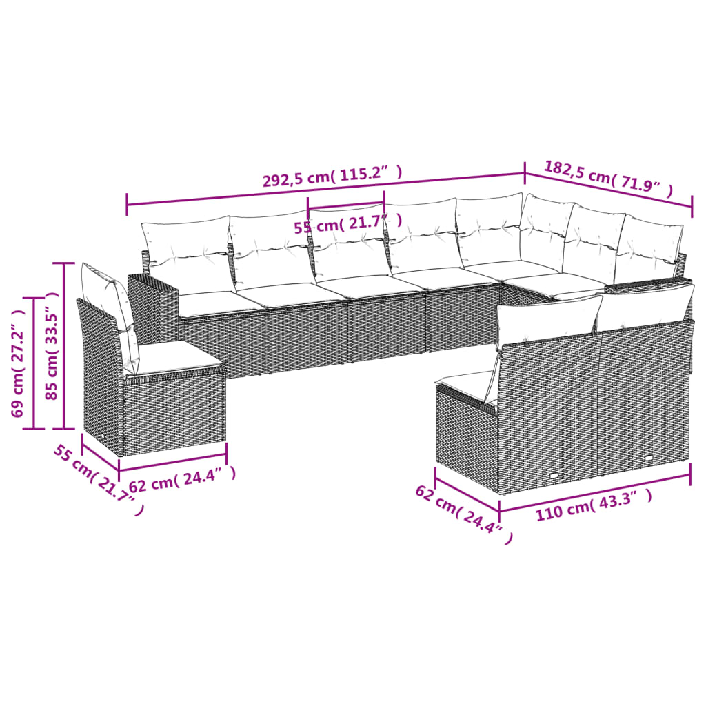 10 pcs conjunto de sofás p/ jardim com almofadões vime PE bege - Leva - Me - Contigo