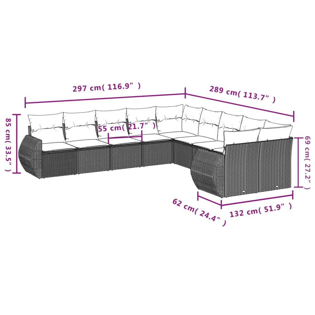 10 pcs conjunto de sofás p/ jardim com almofadões vime PE bege - Leva - Me - Contigo