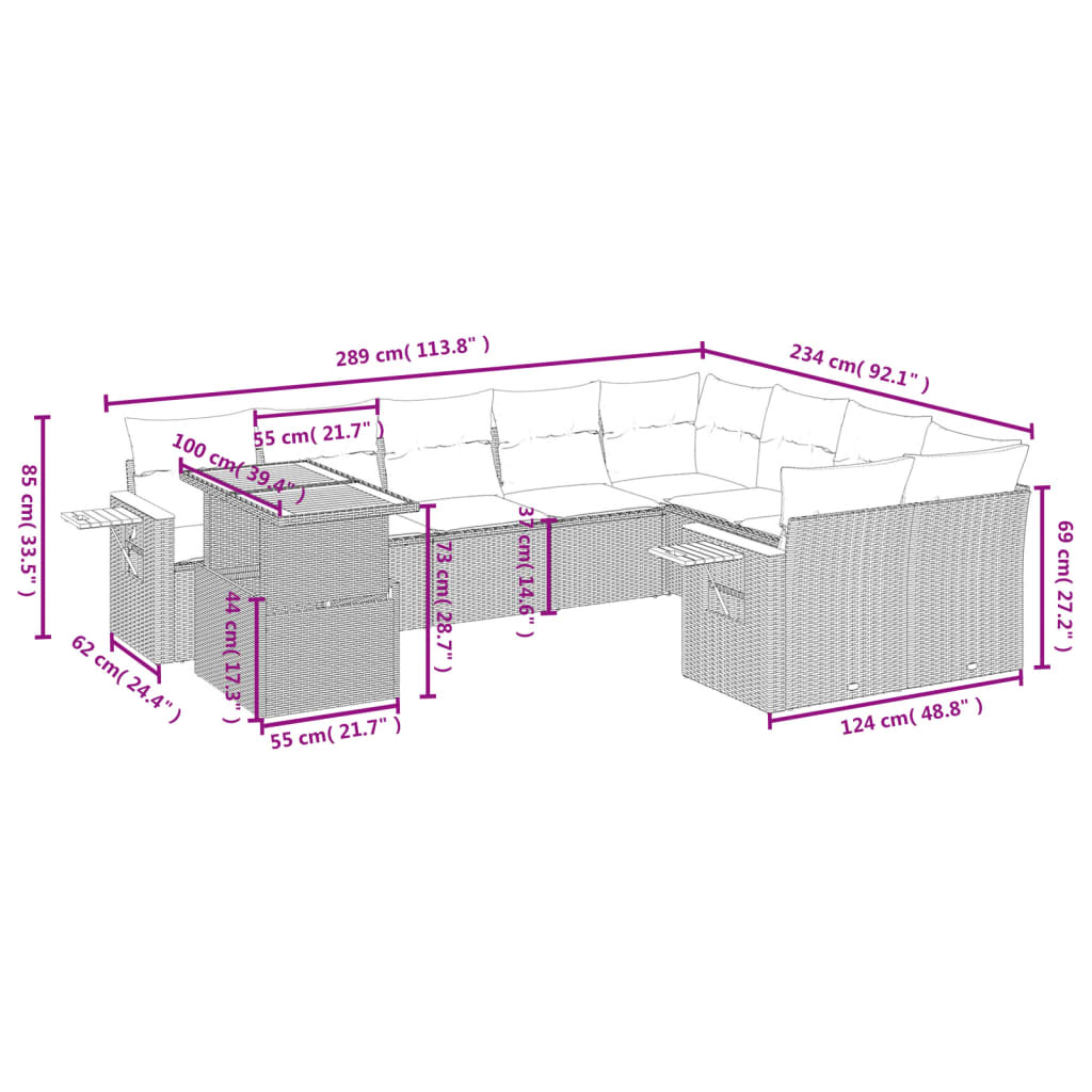 10 pcs conjunto de sofás p/ jardim com almofadões vime PE bege - Leva - Me - Contigo