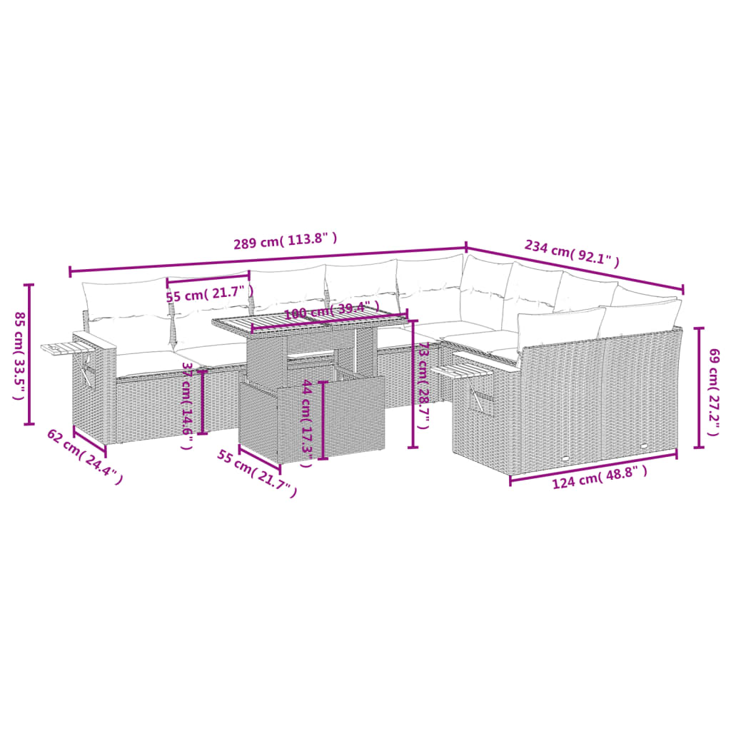 10 pcs conjunto de sofás p/ jardim com almofadões vime PE bege - Leva - Me - Contigo