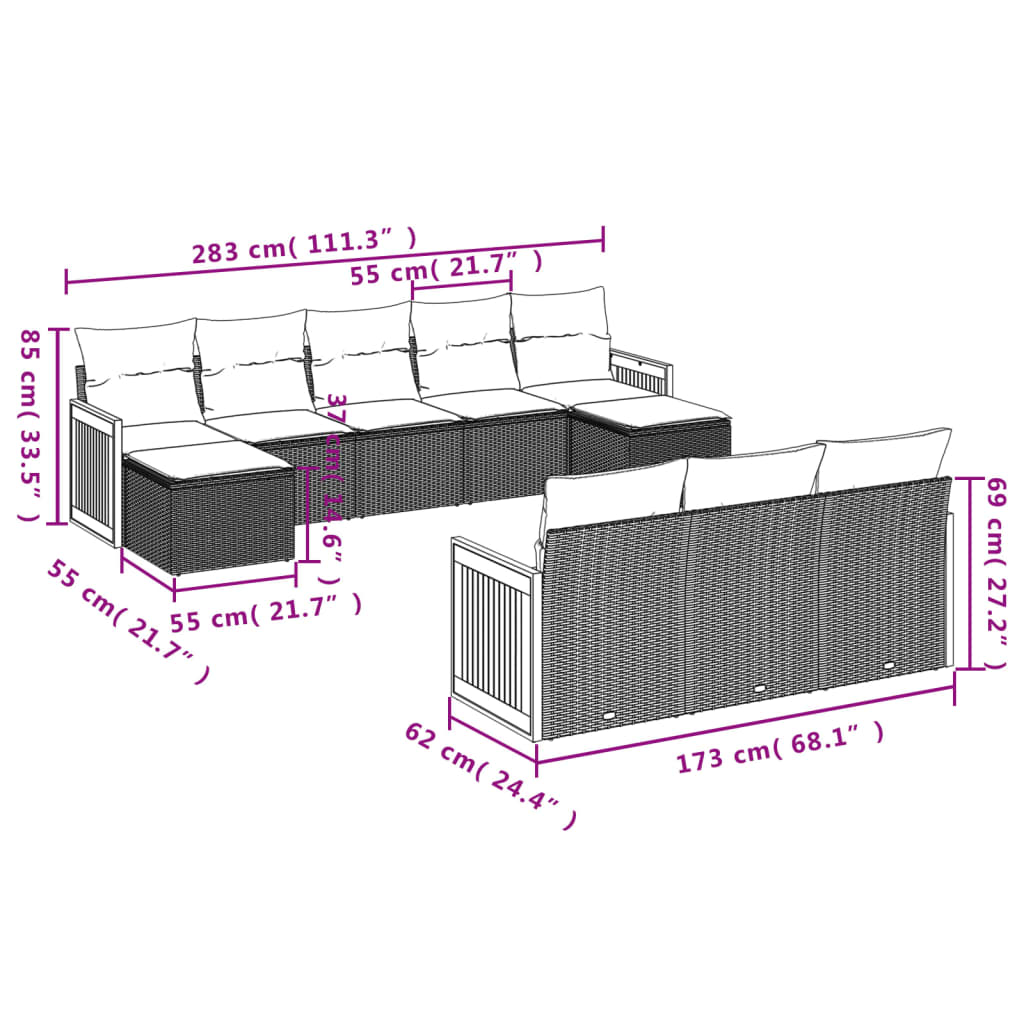 10 pcs conjunto de sofás p/ jardim com almofadões vime PE bege - Leva - Me - Contigo