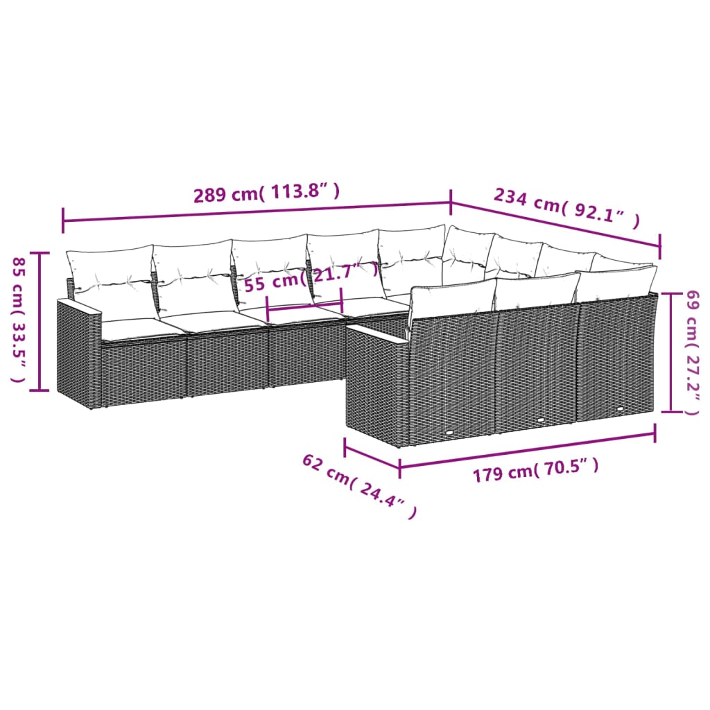 10 pcs conjunto de sofás p/ jardim com almofadões vime PE bege - Leva - Me - Contigo