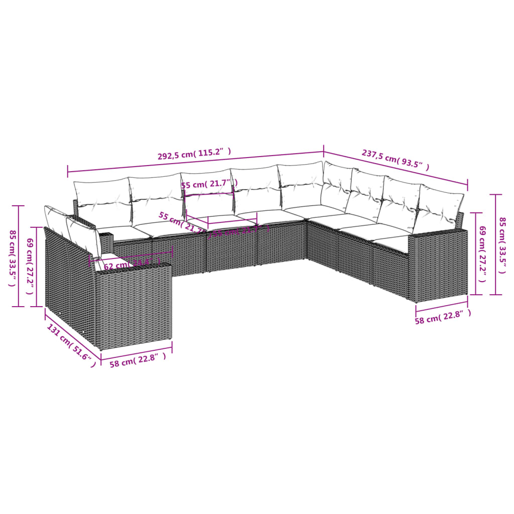 10 pcs conjunto de sofás p/ jardim com almofadões vime PE bege - Leva - Me - Contigo