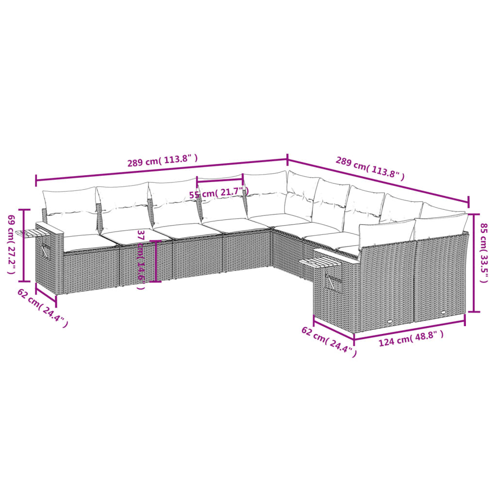 10 pcs conjunto de sofás p/ jardim com almofadões vime PE bege - Leva - Me - Contigo