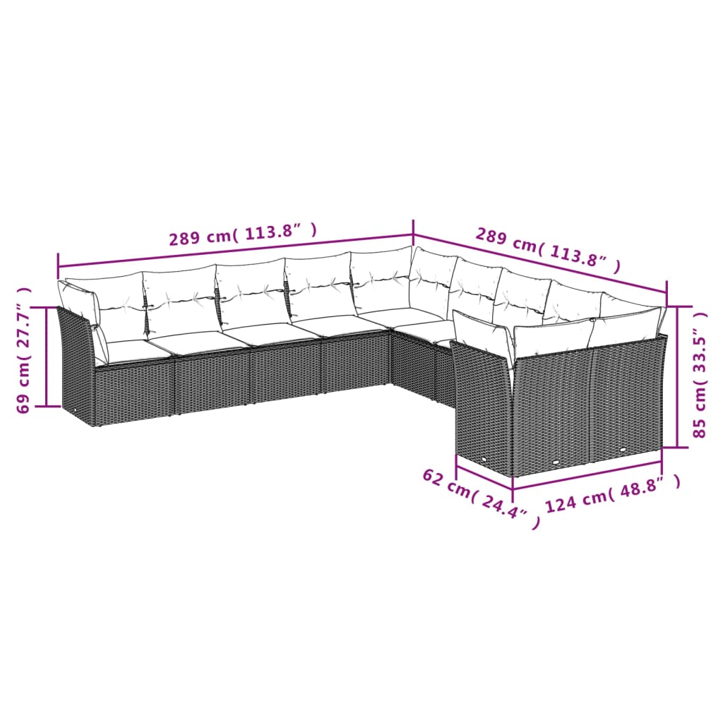 10 pcs conjunto de sofás p/ jardim com almofadões vime PE bege - Leva - Me - Contigo