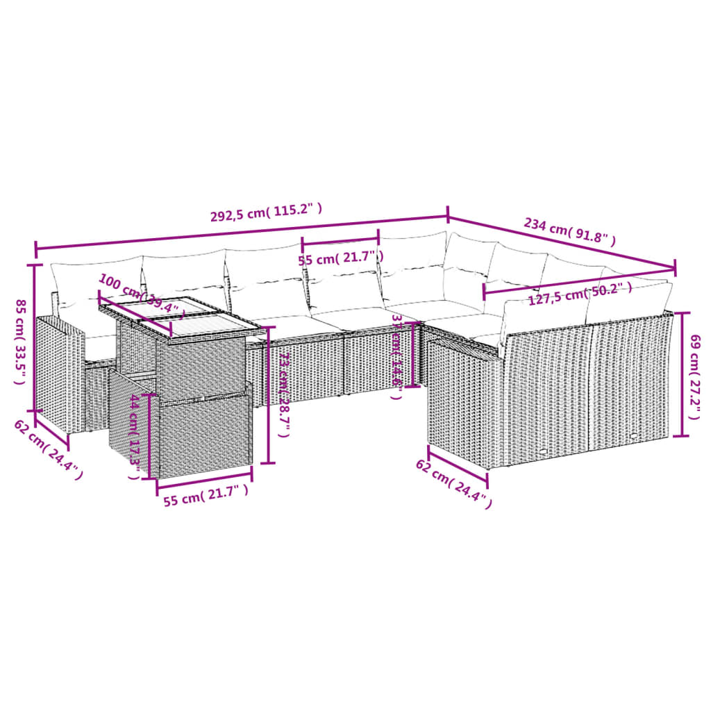 10 pcs conjunto de sofás p/ jardim com almofadões vime PE bege - Leva - Me - Contigo