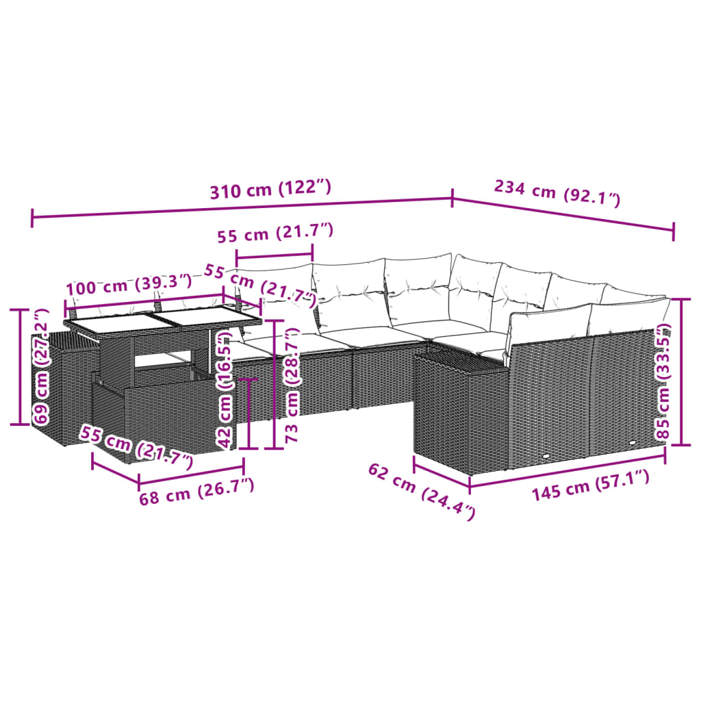 10 pcs conjunto de sofás p/ jardim com almofadões vime PE bege - Leva - Me - Contigo