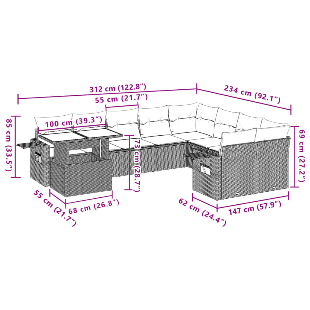 10 pcs conjunto de sofás p/ jardim com almofadões vime PE bege - Leva - Me - Contigo