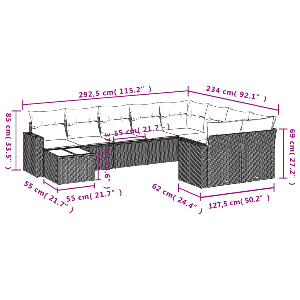 10 pcs conjunto de sofás p/ jardim com almofadões vime PE bege - Leva - Me - Contigo