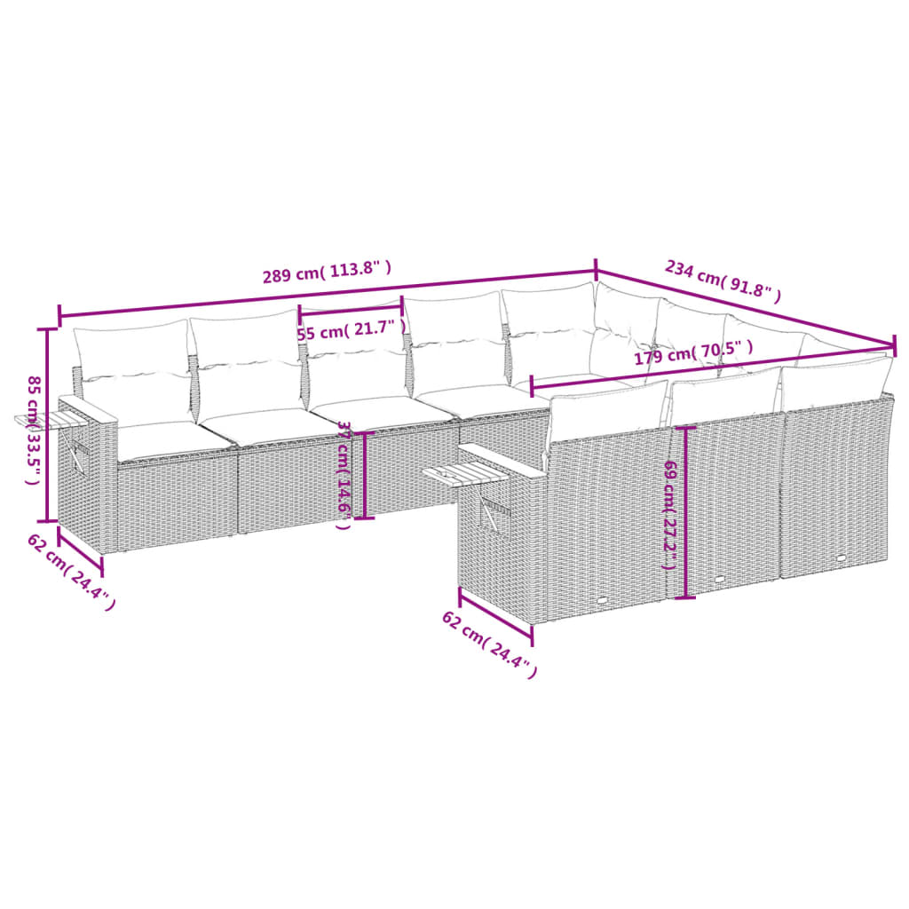 10 pcs conjunto de sofás p/ jardim com almofadões vime PE bege - Leva - Me - Contigo