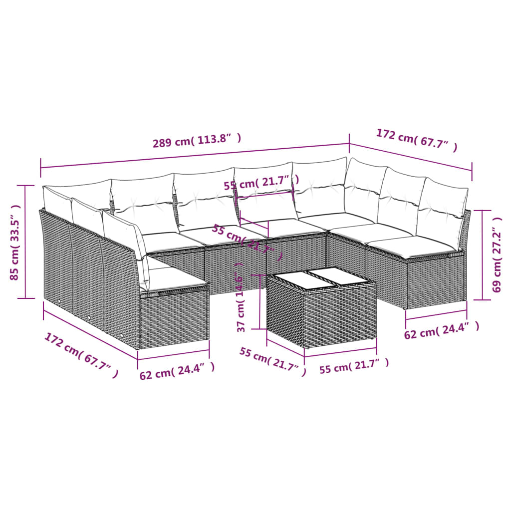 10 pcs conjunto de sofás p/ jardim com almofadões vime PE bege - Leva - Me - Contigo