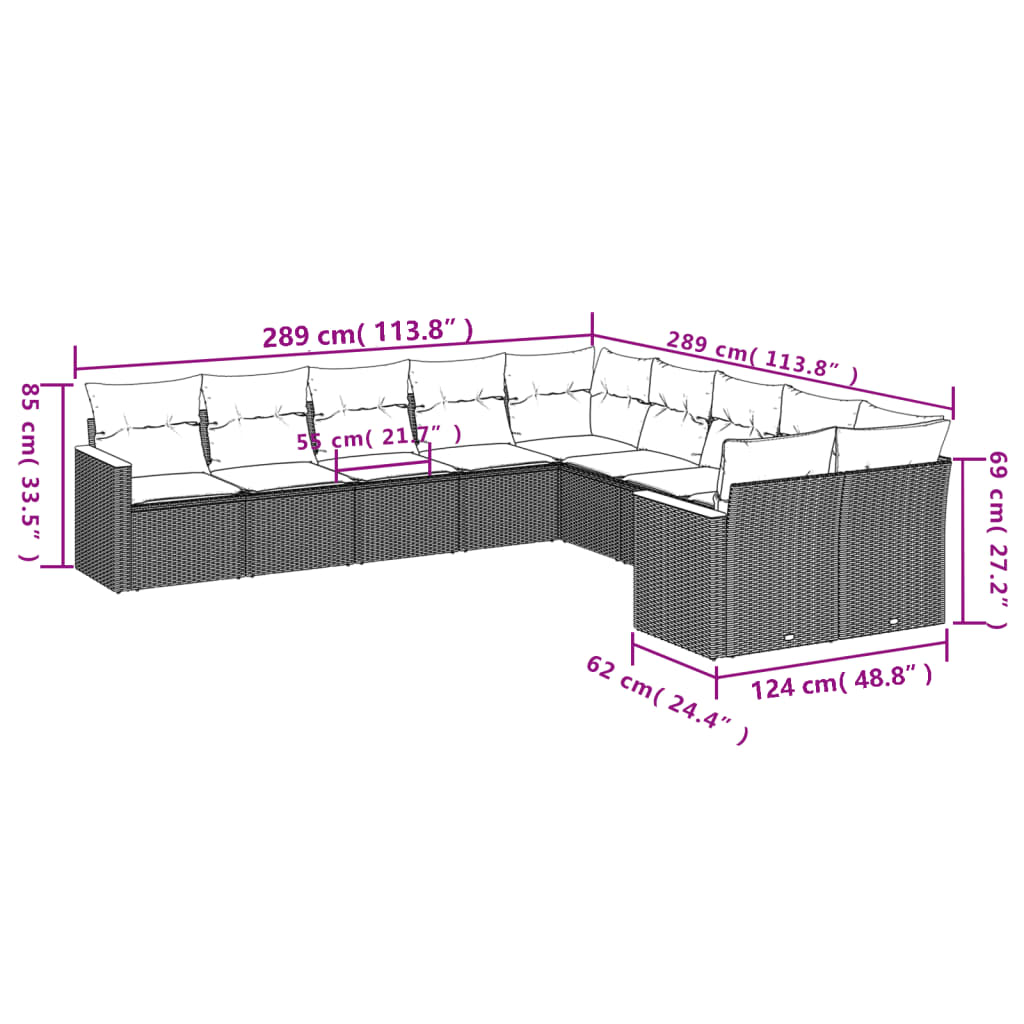 10 pcs conjunto de sofás p/ jardim com almofadões vime PE bege - Leva - Me - Contigo