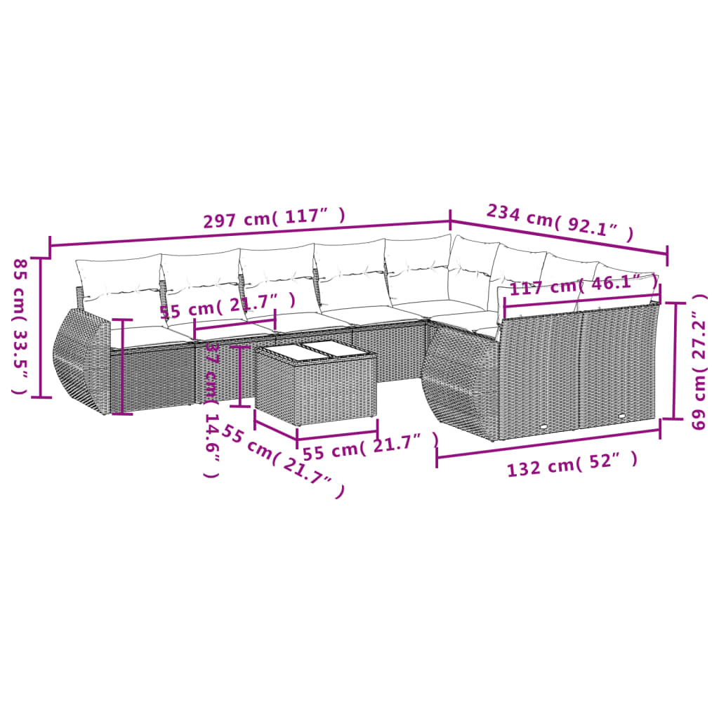 10 pcs conjunto de sofás p/ jardim com almofadões vime PE bege - Leva - Me - Contigo