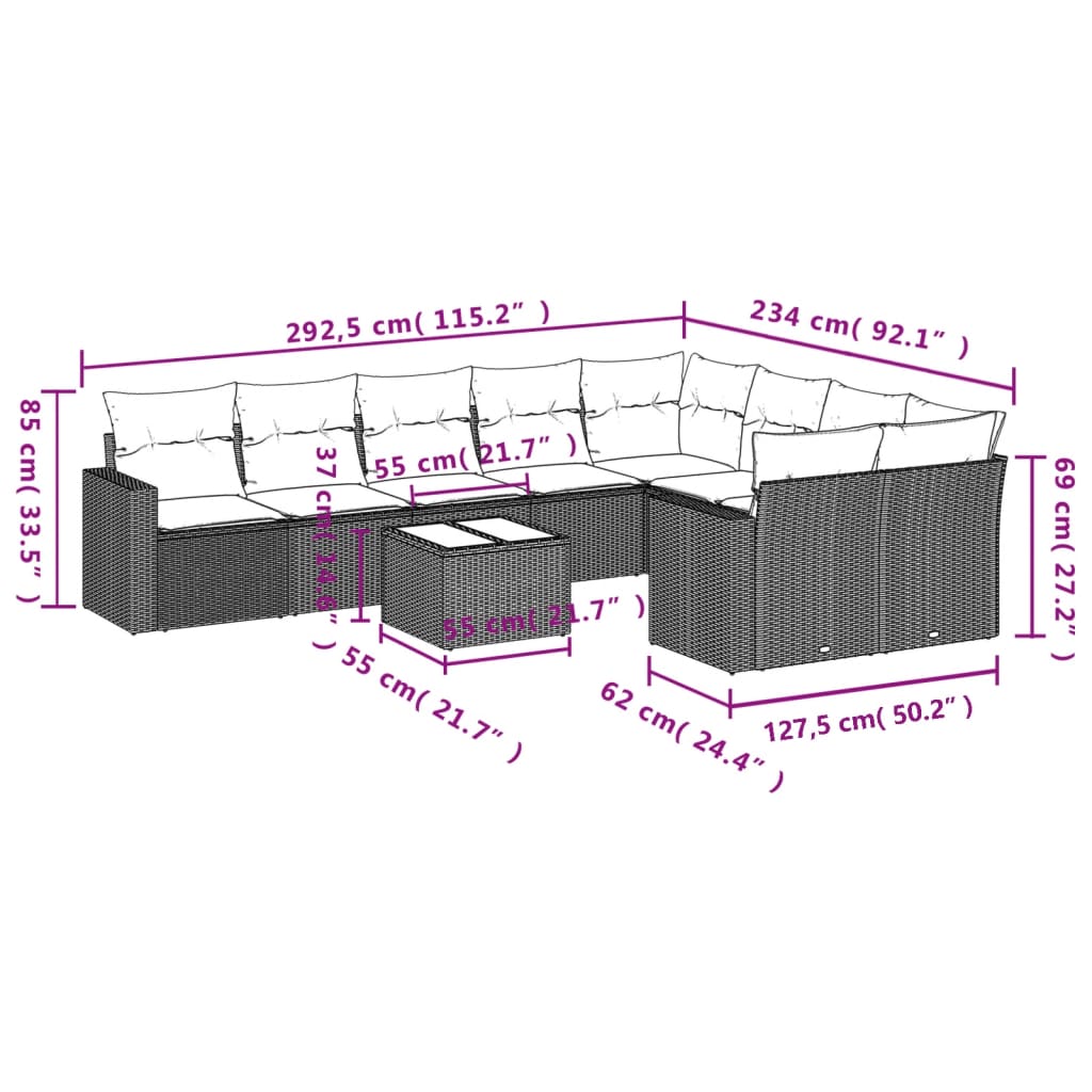 10 pcs conjunto de sofás p/ jardim com almofadões vime PE bege - Leva - Me - Contigo