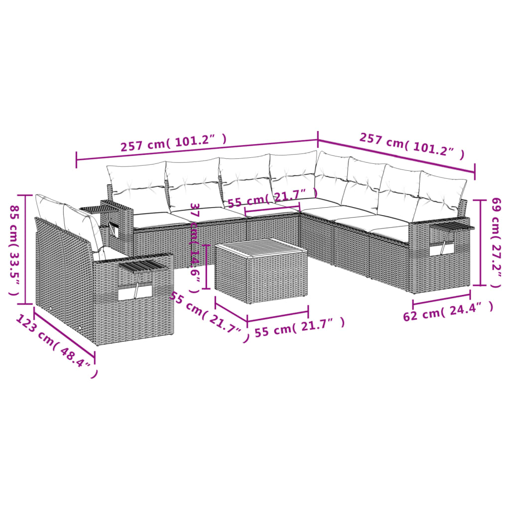 10 pcs conjunto de sofás p/ jardim com almofadões vime PE bege - Leva - Me - Contigo