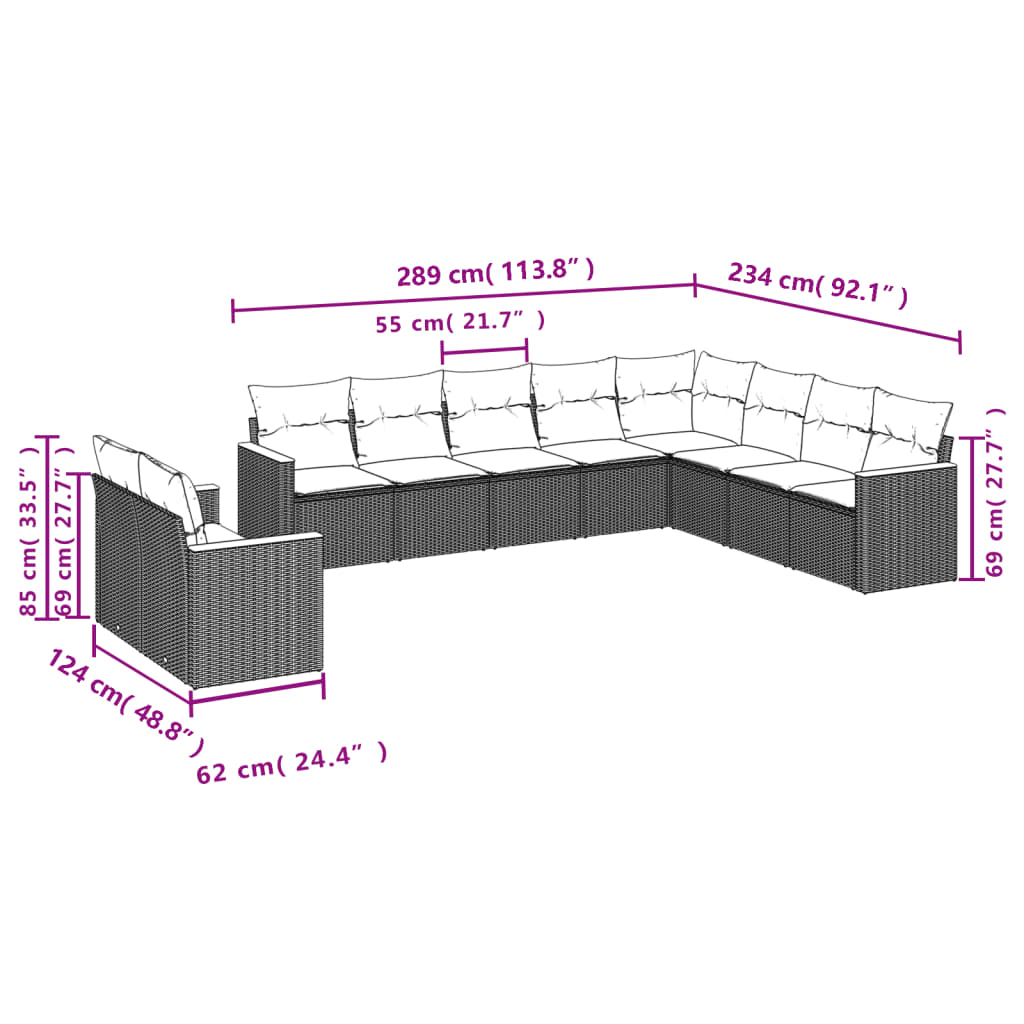 10 pcs conjunto de sofás p/ jardim com almofadões vime PE bege - Leva - Me - Contigo