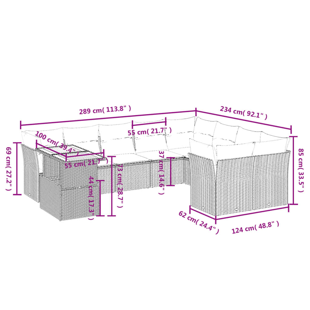 10 pcs conjunto de sofás p/ jardim com almofadões vime PE bege - Leva - Me - Contigo