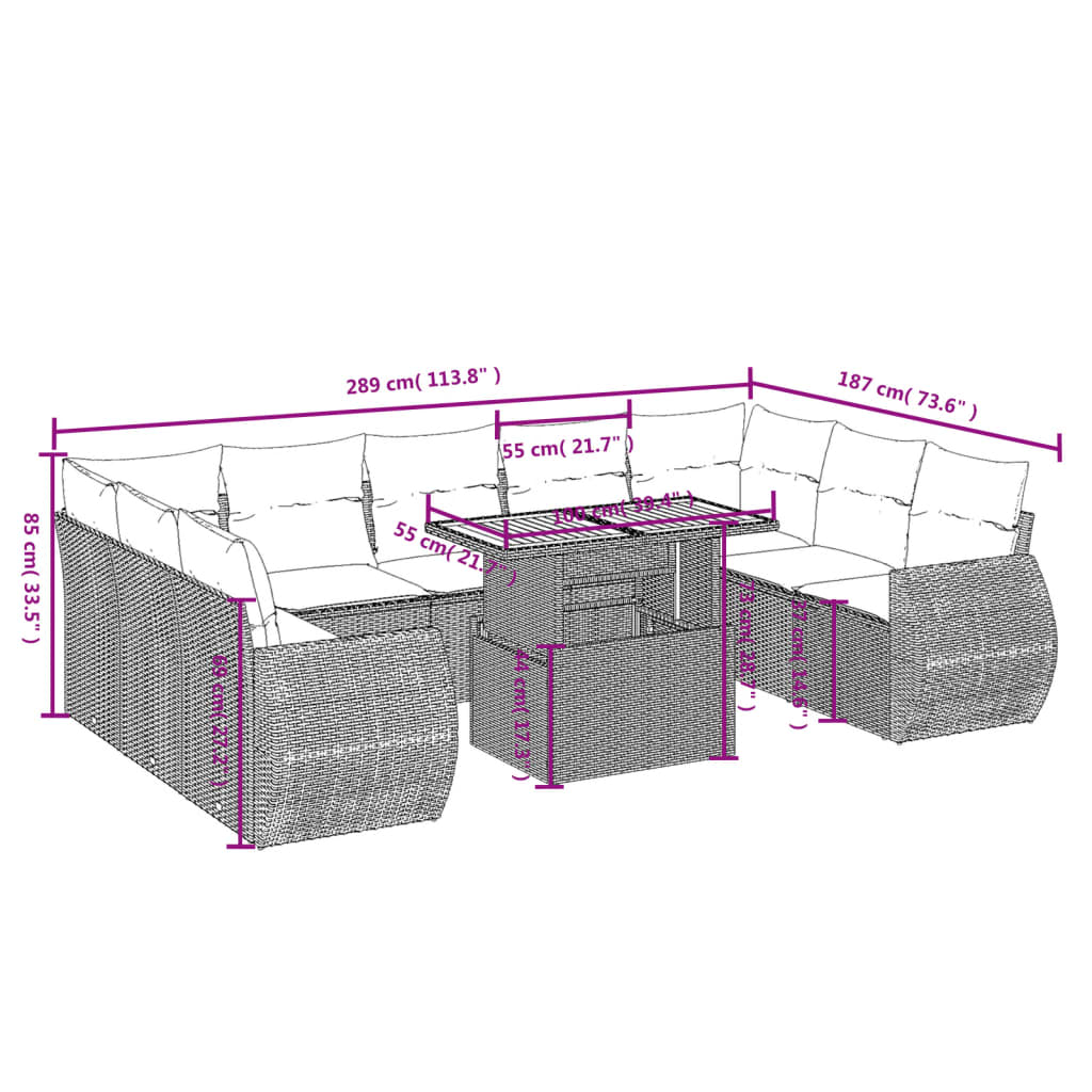 10 pcs conjunto de sofás p/ jardim com almofadões vime PE bege - Leva - Me - Contigo