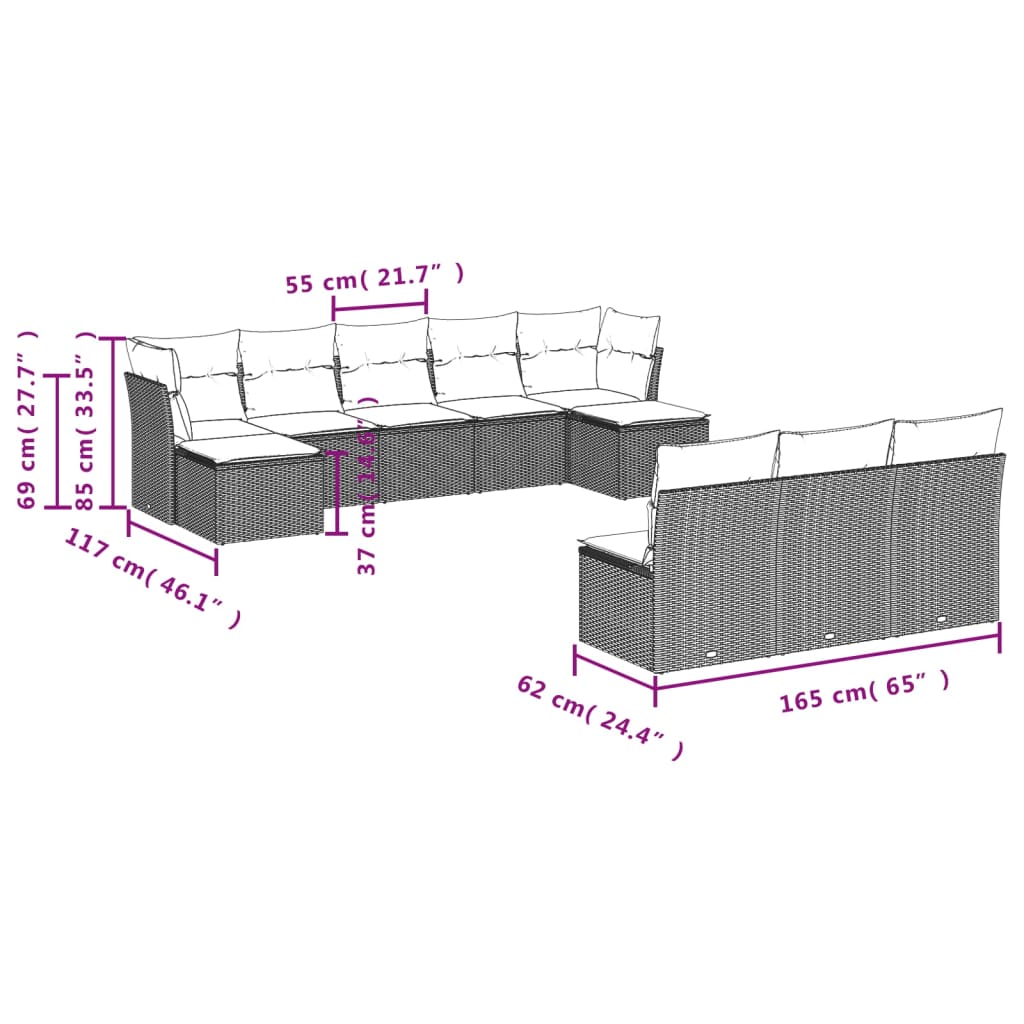 10 pcs conjunto de sofás p/ jardim com almofadões vime PE bege - Leva - Me - Contigo