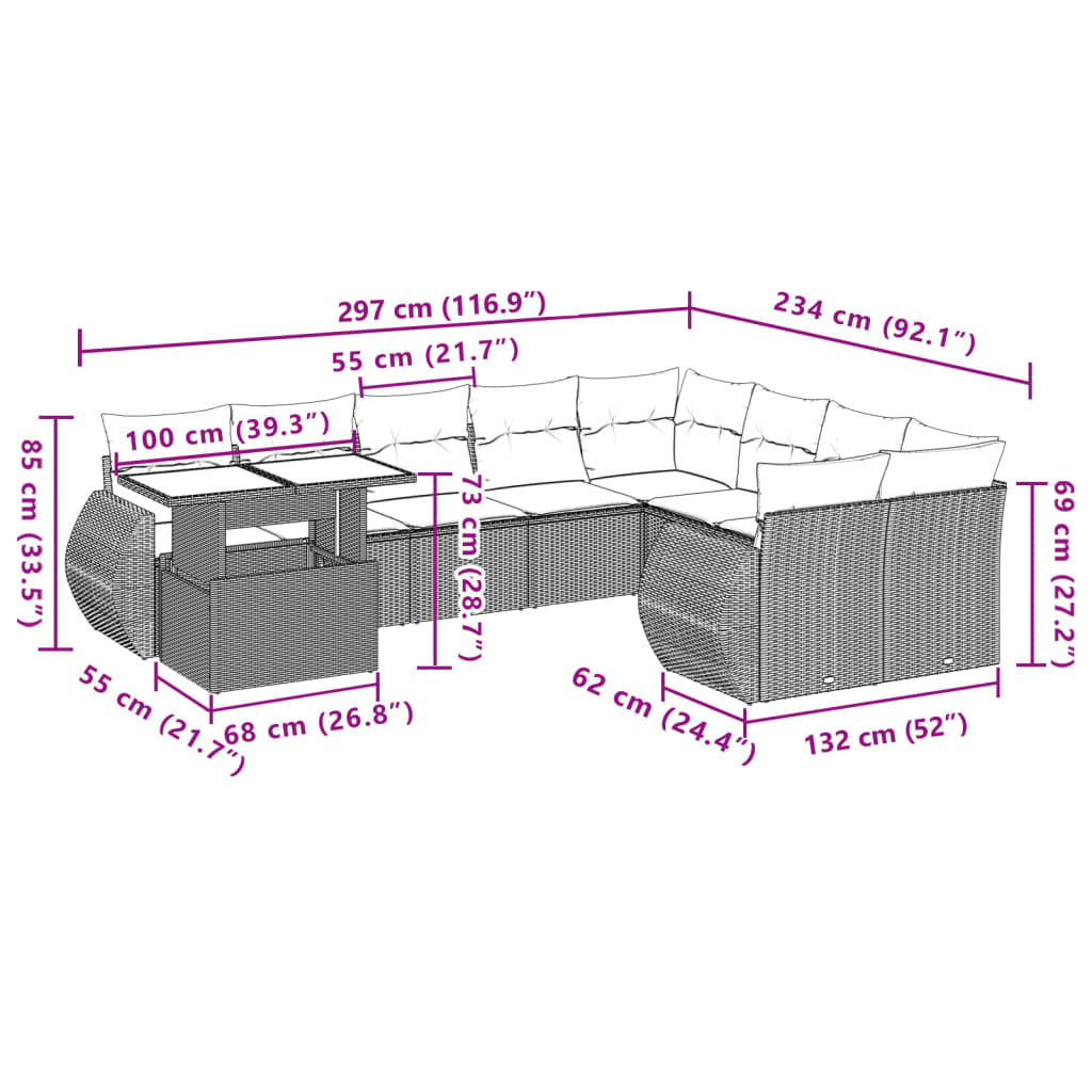 10 pcs conjunto de sofás p/ jardim com almofadões vime PE bege - Leva - Me - Contigo