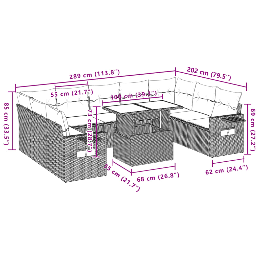 10 pcs conjunto de sofás p/ jardim com almofadões vime PE bege - Leva - Me - Contigo